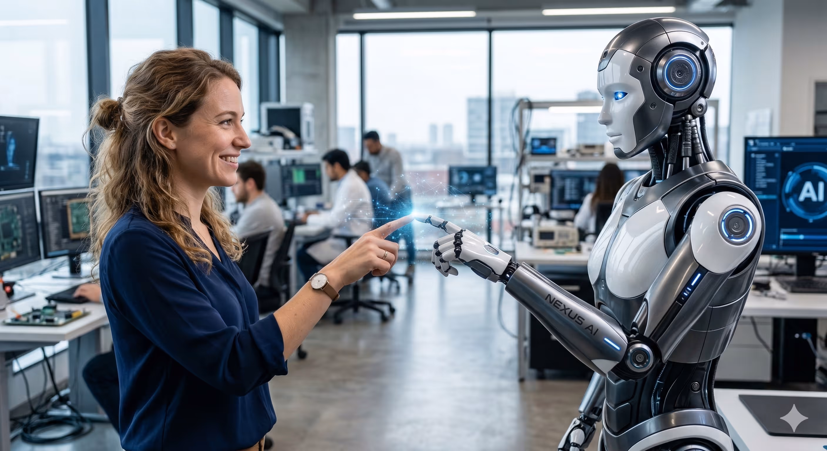 Frau und Roboter – der Kontakt zwischen Mensch und Maschine